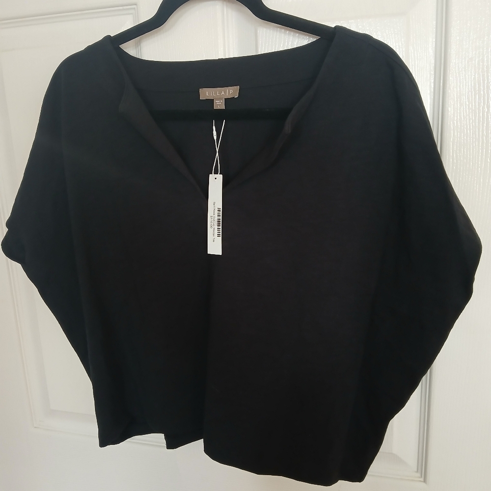 Lilla P Black Split Neck Dolman Wedge Top Boxy Cropped Comfort Boho Grunge Basic